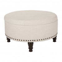 OSP Home Furnishings BP-AUOT32-L32 Augusta Round Storage Ottoman in Linen Fabric with decorative nailheads